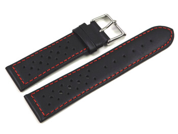 Bracelet de montre - cuir de veau perforé - noir, couture rouge 18mm Acier