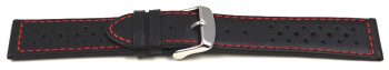 Bracelet de montre - cuir de veau perforé - noir, couture rouge 22mm Acier