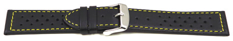 Bracelet de montre - cuir de veau perforé - noir, couture jaune 18mm Acier