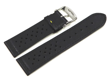 Bracelet de montre - cuir de veau perforé - noir, couture jaune 18mm Acier