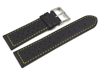 Bracelet de montre - cuir de veau perforé - noir, couture jaune 22mm Dorée
