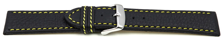 Bracelet Montre Cuir Noir Surpique Jaune - Largeurs 18, 20, 22, 24 Mm Unisexe Neuves