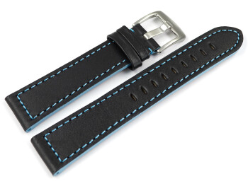 Bracelet montre cuir noir coutures en bleu clair modèle Sportiv 18mm 20mm 22mm 24mm