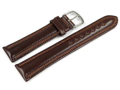 Bracelet montre cuir brun foncé légèrement brillant coutures en zigzag 18mm 20mm 22mm 24mm