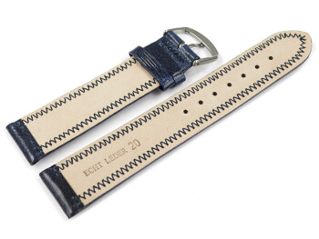 Bracelet montre cuir bleu foncé légèrement brillant coutures en zigzag 18mm Acier