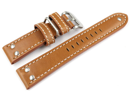 Bracelet montre cuir marron clair extra fort avec passant additionnel en métal 22mm 24mm 26mm