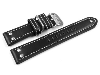 Bracelet montre cuir noir extra fort avec passant additionnel en métal 22mm 24mm 26mm