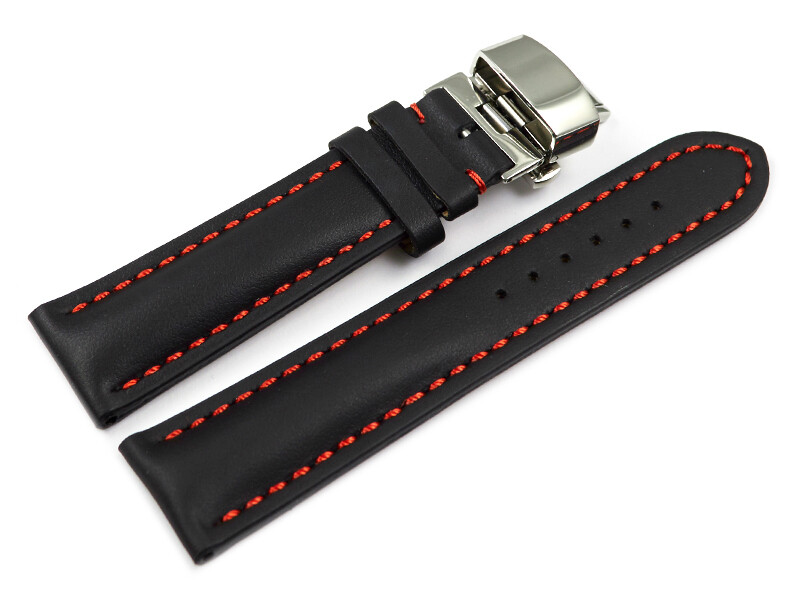 Bracelet De Montre En Cuir De Veau Lisse Noir Épais | Largeur 22/18 Mm - Neuf Watchband Berlin