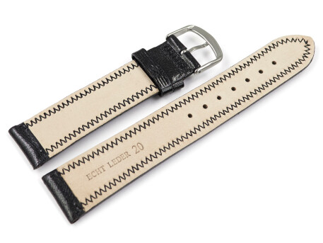 Bracelet montre cuir noir légèrement brillant coutures en zigzag 18mm 20mm 22mm 24mm