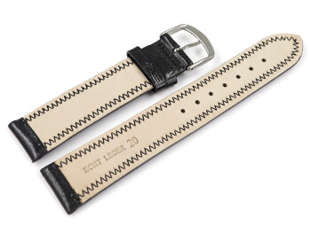 Bracelet montre cuir noir légèrement brillant coutures en zigzag 18mm 20mm 22mm 24mm