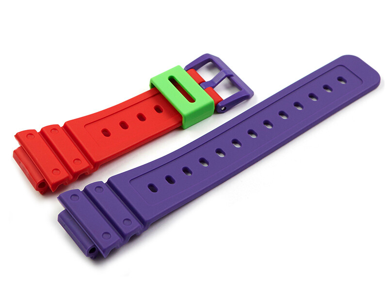 Bracelet De Montre Casio DW-5610DN-9 - Rouge Et Violet, Passant Vert, Boucle Violette, Neuf