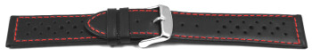 Bracelet montre à dégagement rapide cuir de veau perforé noir couture rouge 18mm 20mm 22mm