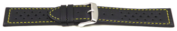 Bracelet montre à dégagement rapide cuir de veau perforé noir couture jaune 18mm 20mm 22mm