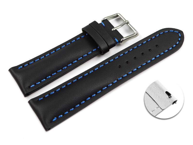 Bracelet De Montre En Cuir Noir – Couture Bleue – Dégagement Rapide – Longueur M – Neuf Watchband Berlin