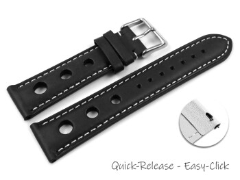 Bracelet montre à dégagement rapide cuir de veau perforé noir couture blanche 18mm 20mm 22mm