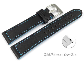 Bracelet montre à dégagement rapide cuir noir coutures en bleu clair modèle Sportiv 18mm 20mm 22mm 24mm