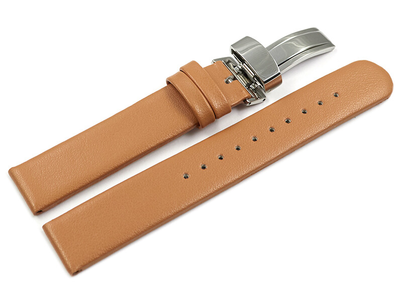Bracelet De Montre En Cuir Brun Clair Avec Couture Blanche - Boucle Déployante XXL - Neuf Avec étiquettes