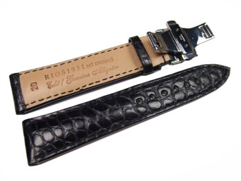 Bracelet montre en alligator-fait main-noir- mat - dépl.papillon