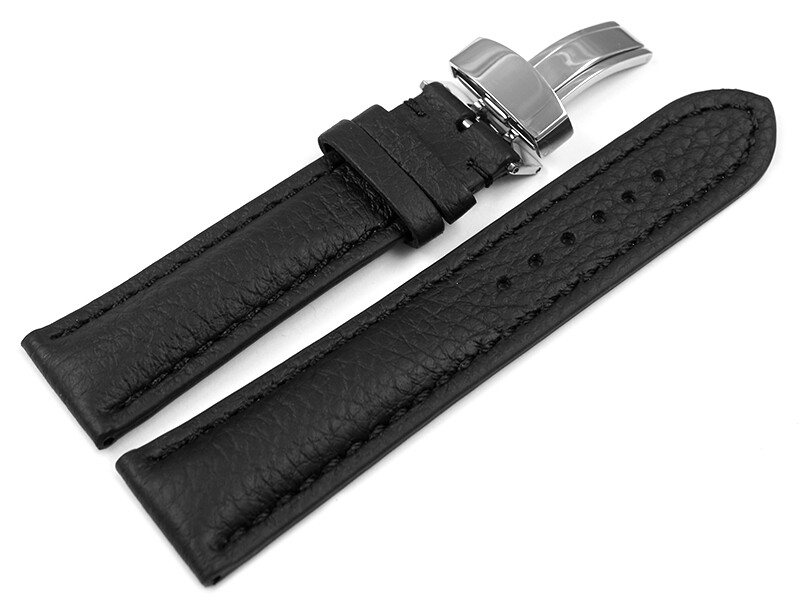 Bracelet De Montre En Cuir De Cerf Noir - Boucle Déployante, Largeurs 18-24mm, Très Souple