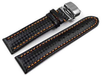 Bracelet de montre déployante papillon cuir Carbone couture orange 18mm 20mm 22mm 24mm