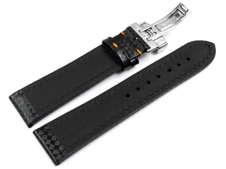 Bracelet De Montre En Cuir Noir Surpiqué Orange - Largeurs 18,20,22,24 Mm, Neuf Avec étiquettes, Unisexe