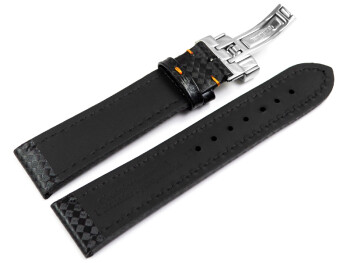 Bracelet de montre cuir Carbone noir couture orange 18mm...