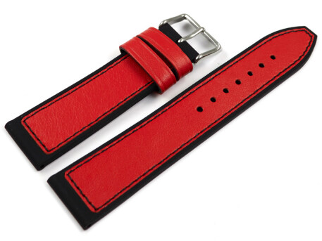 Bracelet de montre hybride silicone et cuir rouge-noir...