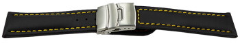 Bracelet de montre cuir de veau lisse noir couture jaune 18mm 20mm 22mm 24mm 26mm