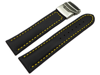 Bracelet de montre cuir de veau lisse noir couture jaune...