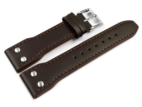 Bracelet montre type aviateur cuir de boeuf - à rivets - marron foncé