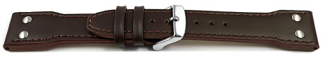 Bracelet montre type aviateur cuir de boeuf - à rivets - marron foncé