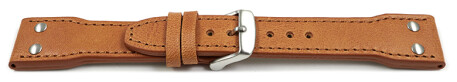 Bracelet montre type aviateur cuir de boeuf à rivets - marron clair