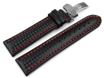 Bracelet de montre - cuir - Carbone - noir - couture rouge