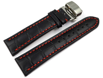 Bracelet montre à boucle dépl.pap.-cuir de veau-noir-cout.rouge