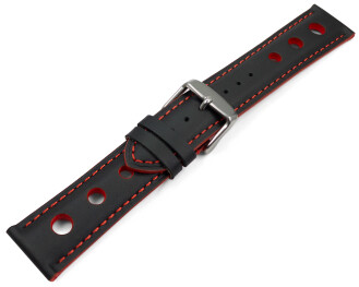 Bracelet montre noir cuir de veau perforé noir couture rouge 18mm 20mm 22mm 24mm