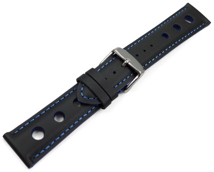 Bracelet montre noir cuir de veau perforé noir couture bleue 18mm 20mm 22mm 24mm