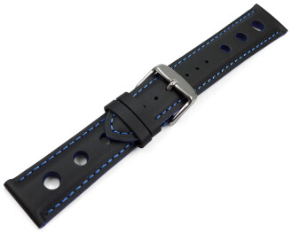 Bracelet montre noir cuir de veau perforé noir couture bleue 18mm 20mm 22mm 24mm