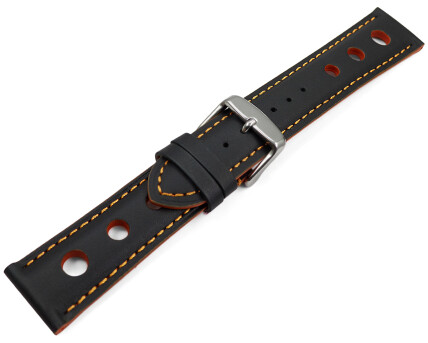 Bracelet montre noir cuir de veau perforé noir couture orange 18mm 20mm 22mm 24mm