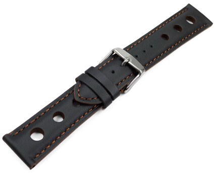 Bracelet montre noir cuir de veau perforé noir couture marron 18mm 20mm 22mm 24mm