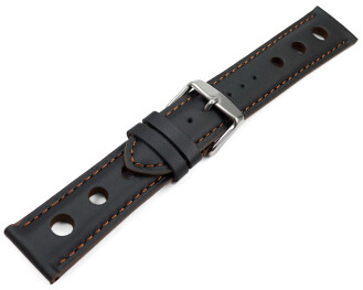 Bracelet montre noir cuir de veau perforé noir couture marron 18mm 20mm 22mm 24mm