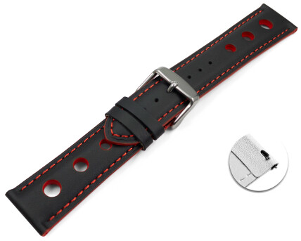 Bracelet montre changement rapide noir cuir de veau perforé noir couture rouge 18mm 20mm 22mm 24mm