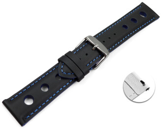 Bracelet montre changement rapide noir cuir de veau perforé noir couture bleue 18mm 20mm 22mm 24mm