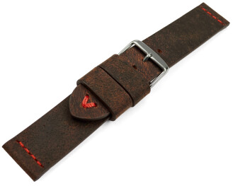 Bracelet montre cuir de chameau brun foncé couture rouge 18mm 20mm 22mm 24mm