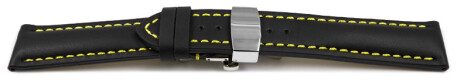 Bracelet montre échange rapide déployante papillon veau rembourrage épais lisse noir couture jaune 18mm 20mm 22mm 24mm