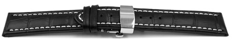 Bracelet montre échange rapide déployante papillon cuir grain croco noir couture blanche 18mm 20mm 22mm 24mm 26mm 28mm