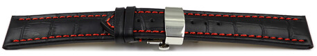Bracelet montre échange rapide à déployante papillon cuir noir couture rouge 18mm 20mm 22mm 24mm