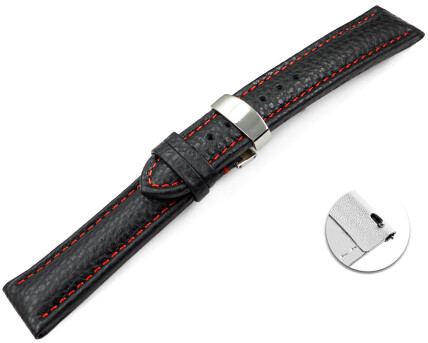 Bracelet montre échange rapide déployante cuir de veau grainé noir couture rouge 18mm 20mm 22mm 24mm