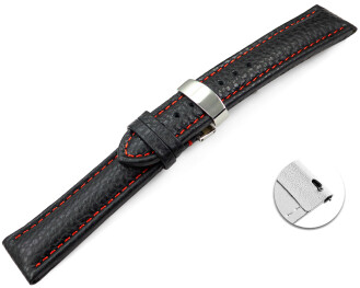 Bracelet montre échange rapide déployante cuir de veau grainé noir couture rouge 18mm 20mm 22mm 24mm