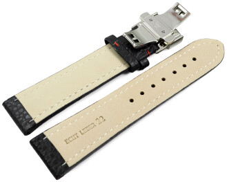 Bracelet déployante papillon cuir grainé noir couture rouge 18mm 20mm 22mm 24mm 26mm 28mm