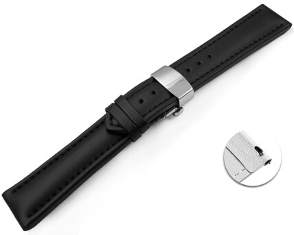 Bracelet montre changement rapide VEGAN en grain noir rembourré déployant papillon 18mm 20mm 22mm 24mm